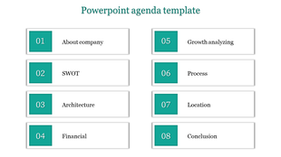 Agenda template with eight items arranged in two columns, each item numbered and labeled.