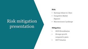 Risk and mitigation overview slide with a teal background, listing key risks and their respective strategies on the right.
