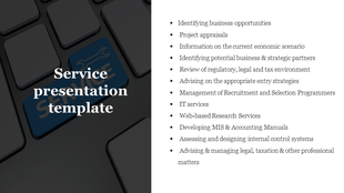 Service themed slide with a keyboard background, bold white title on the left, and bullet-pointed text on the right.