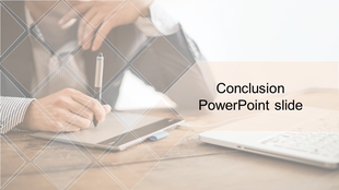 Conclusion slide with a semi-transparent overlay on a blurred background of a person working on a tablet and laptop.