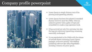 Company profile PowerPoint slide featuring a city skyline image and descriptive text in bullet points.