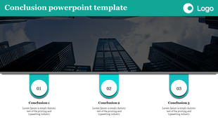 Conclusion template with a city skyline image and three numbered circular sections beneath, each containing placeholder text.