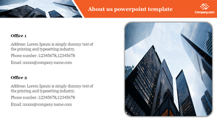 About Us slide with an orange header, contact details for two offices on the left, and a skyscraper image on the right.