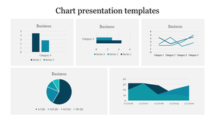 Slide with various chart types in blue, including bar, horizontal bar, line, pie, and area charts, in a business context.
