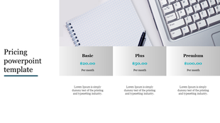 Corporate pricing slide featuring  layout with three plan options, each detailing cost and benefits, over a white background.