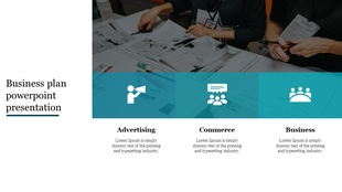 Business strategy template with a team discussion image and three labeled content areas, each with an icon and description.