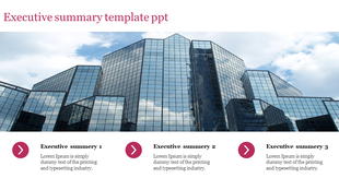 Modern office building with a reflection, accompanied by icons for an executive summary template in a PPT presentation.