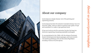About Us slide with a skyscraper image on the left, a text section on the right, and a vertical title bar on the far right.