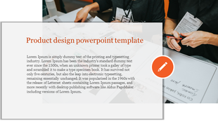Slide layout featuring a design workspace photo, descriptive text block, and an orange pencil icon.