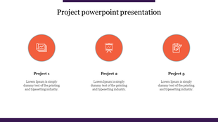 Slide showcasing three project steps with circular orange icons and corresponding text descriptions below.
