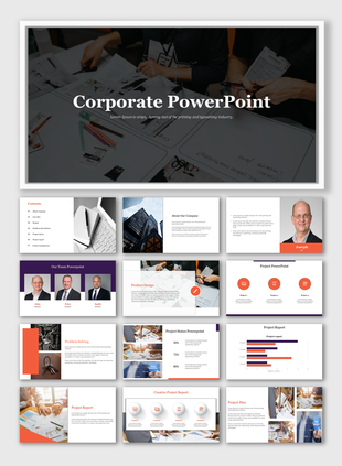 Slide deck showcasing a mix of team introductions, bar charts, status reports, and creative project design elements.