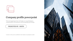 Company profile slide with a white background on the left featuring text and a red icon, and skyscraper imagery on the right.