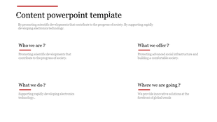 Minimalist content slide with four quadrants for organizational descriptions and a bold title at the top.