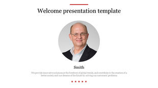Welcome template featuring a centered portrait, name, and brief bio description with star ratings.