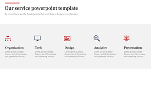 Slide featuring a white and gray background with five services displayed horizontally with red and blue icons.