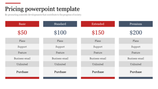 Pricing template with four options, highlighting plan features like support, business email, and unlimited access.