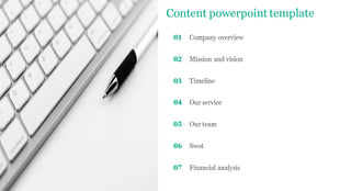 Content slide with a white keyboard and pen on the left and a numbered list of seven items on the right.