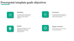 PowerPoint slide with four icons representing goals and objectives reliability, quality, prevalence, and happy customers.
