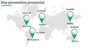 Gray world map with five green location pointers at major cities, each paired with financial values in black text.