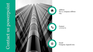 Modern contact slide with a skyscraper, vertical text bar, and three green icons for company address, phone, and email.
