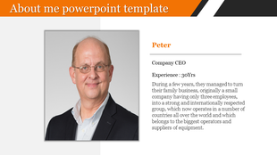 About me slide with an orange header, a professional headshot, and CEO details with experience and bio on the right.