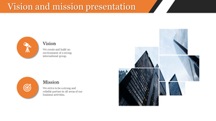 Modern company vision and mission slide with orange icons, descriptive content, and a skyscraper background on the right.