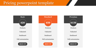 Horizontal layout with three rectangular pricing cards in black and orange, each containing text and buttons.