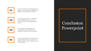 PowerPoint conclusion slide in a black and orange design background, showing four main points caption area to the left.
