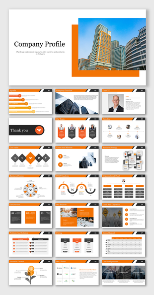 PowerPoint slides with a company profile including sections for vision, mission, SWOT analysis, and more.