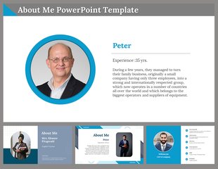 Slide with About me deatils in a blue circle on the left and text detailing his years of business experience.
