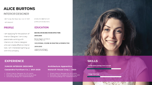 Modern resume template featuring a smiling woman and a structured layout with profile, education, experience, and skills.