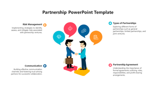 Partnership slide showing two businessmen shaking hands, surrounded by colorful icons with text descriptions.