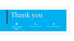 Thank you slide with a solid blue background featuring white text and simple contact icons aligned horizontally.