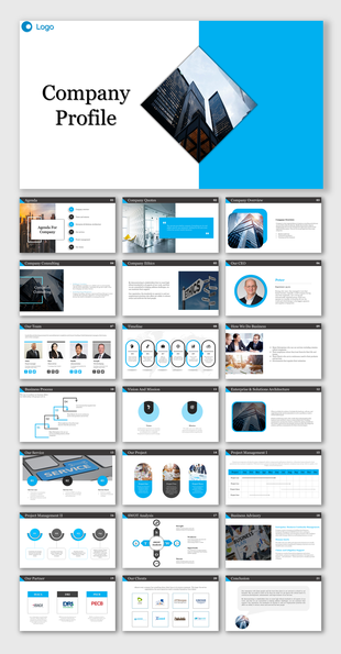 Company profile slides with sections on agenda, team, business process, SWOT analysis, vision and mission, with blue theme.