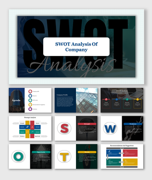 SWOT analysis PowerPoint slides showing company strengths, weaknesses, opportunities, and threats with a detailed layout.