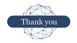 Thank you slide with a navy blue oval containing text, over a geometric globe made of lines and dots, on a white background.