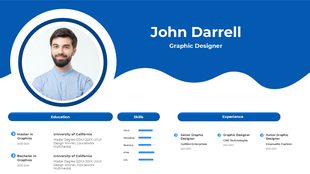 Graphic designer portfolio slide featuring a bold blue and white theme, a circular headshot, and detailed information.
