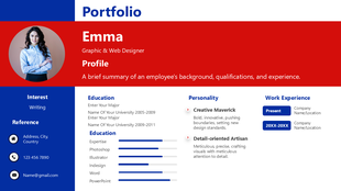 Professional portfolio template featuring a profile summary, skills, education, and work experience in red and blue.