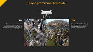Drone slide with SD and HD aerial images comparison, featuring a drone graphic and descriptions on a dark background.