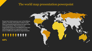 Dark themed world map slide with countries highlighted in yellow and orange, a text block on drone usage.