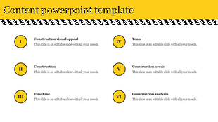 Content PPT slide with a yellow and black header, showcasing six topics related to construction in a structured layout.