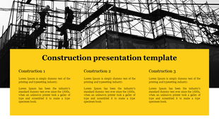 Construction industry slide with a silhouette, a yellow content area, and three sections for its related descriptions.
