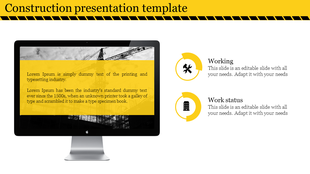 Construction industry slide with a desktop screen displaying scaffolding and cranes, a yellow text area, and circular icons.