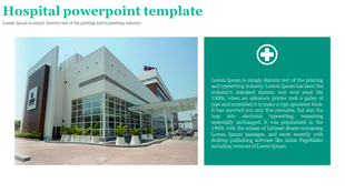 Slide with an image of a modern hospital building on the left and a medical cross icon with text on the right.