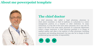 About me slide featuring a chief doctor in a white coat with text about the role and responsibilities of a chief physician.