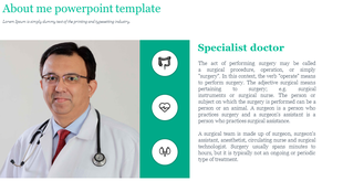 Profile slide featuring a male doctor in a white coat with a stethoscope, a teal section with three circular medical icons.