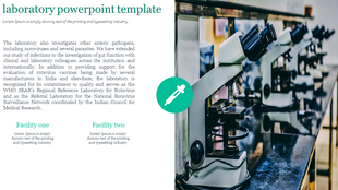 Professional lab presentation slide featuring a scientific research layout, with an image of laboratory microscopes.