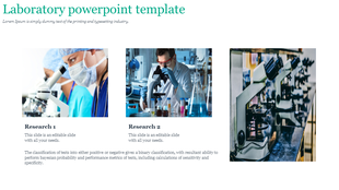 Laboratory slide featuring three images of a surgeon, a scientist with a microscopy, and a row of lab microscopes.