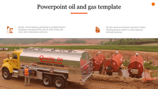 Oil and gas presentation slide featuring a fuel truck, storage tanks, and quality control information with industry icons.