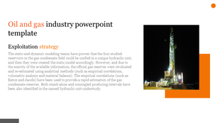 Oil and gas presentation slide with a drilling rig at night and orange accent boxes on a white background.